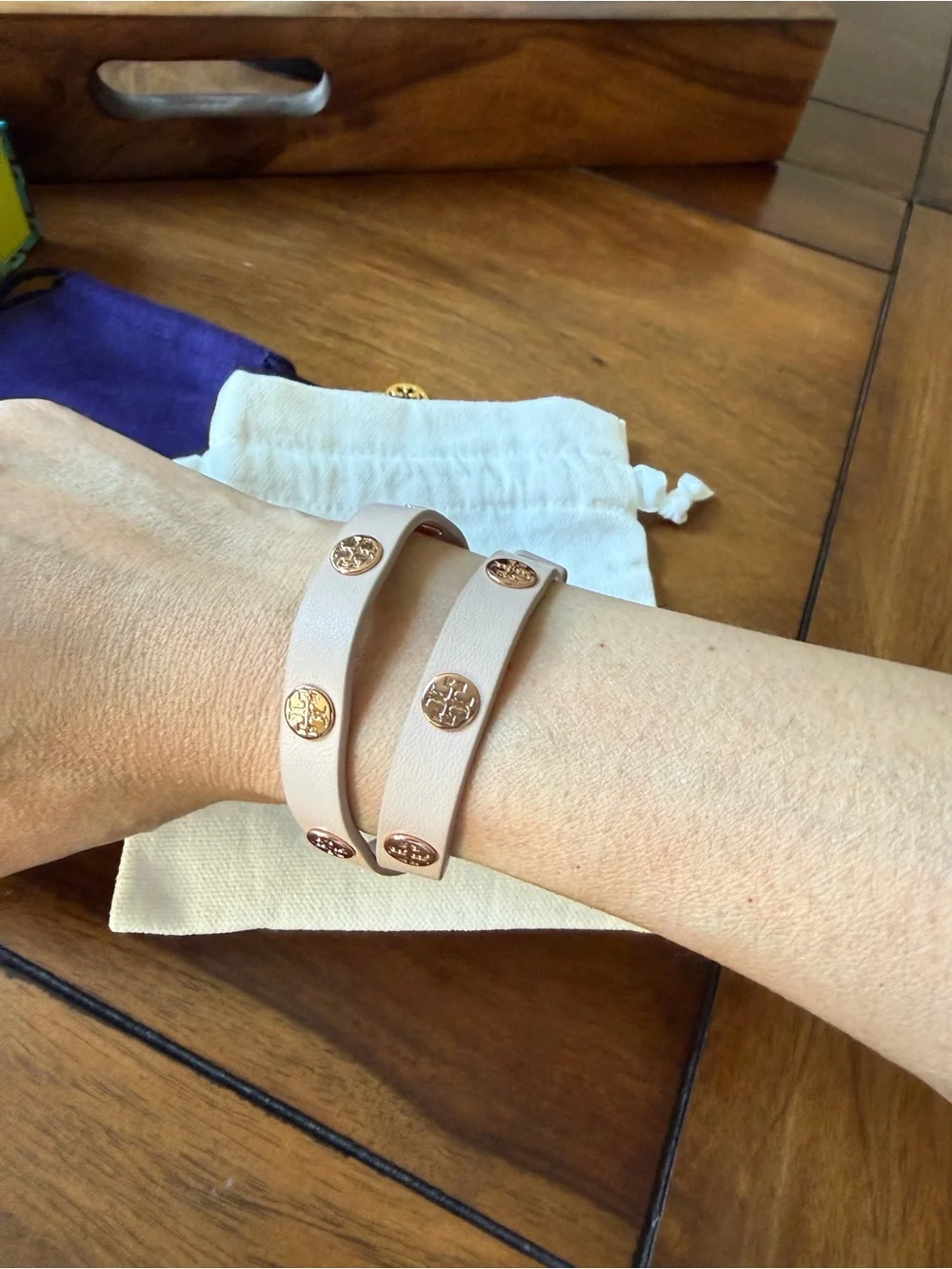 Tory Burch Double Wrap Leather Logo Stud Bracelet with pouch and gift box